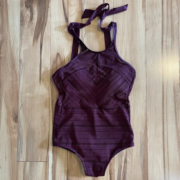 Kona Sol Burgundy Crochet High Neck One Piece Swimsuit, Size M - Picture 2 of 6